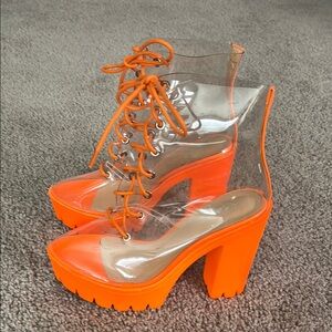 Transparent Orange Lace-Up Platform Heels